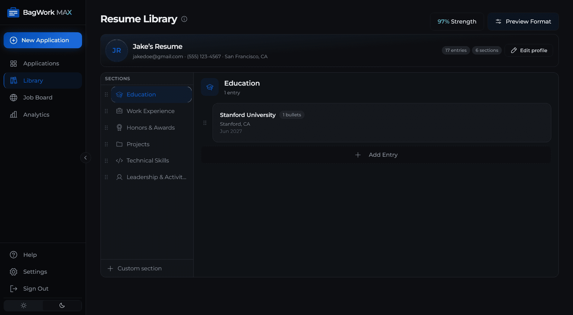 Experience library showing all profile entries