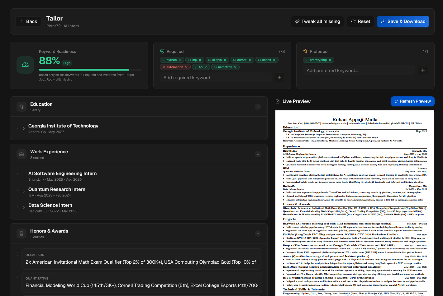Resume line editor with live PDF preview